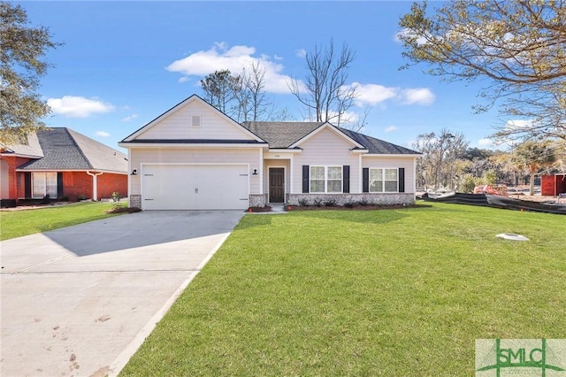 ranch-style home featuring a front yard and a garage