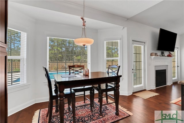 dining room featuring plenty of natural light, crown molding, a tile fireplace, and dark hardwood / wood-style flooring