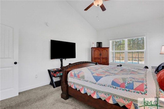 bedroom featuring high vaulted ceiling, light carpet, and ceiling fan