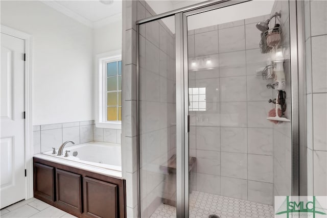 bathroom featuring tile patterned floors, crown molding, and independent shower and bath