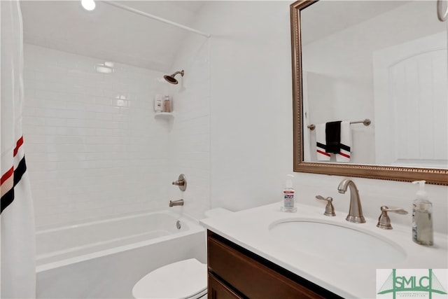 full bathroom featuring vanity, toilet, and shower / bathtub combination with curtain