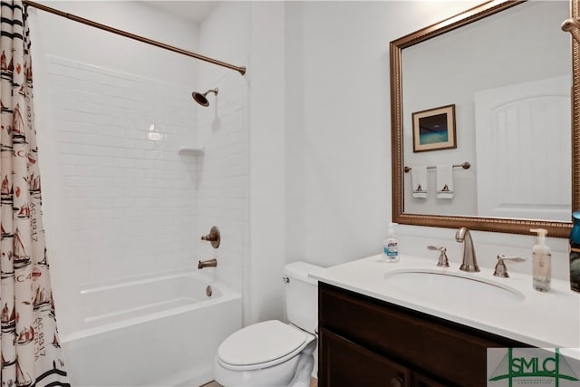 full bathroom featuring vanity, toilet, and shower / bathtub combination with curtain