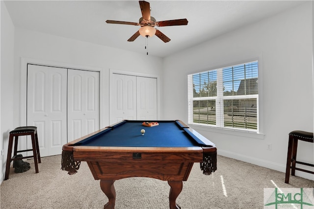 recreation room with ceiling fan, pool table, and carpet floors