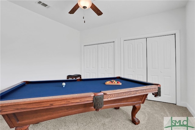 playroom featuring carpet flooring, pool table, and ceiling fan