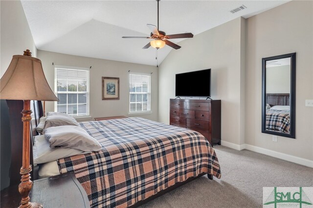 bedroom featuring ceiling fan, lofted ceiling, and carpet