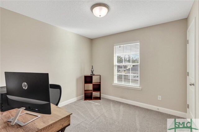 carpeted office with a textured ceiling