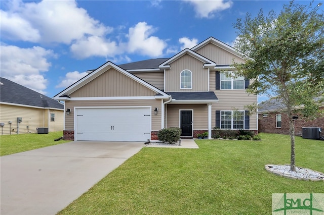 craftsman-style home with a front lawn, a garage, and central AC