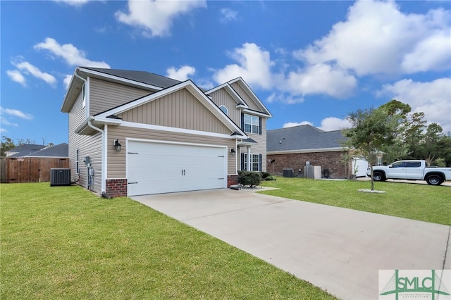 craftsman inspired home with central air condition unit, a front yard, and a garage