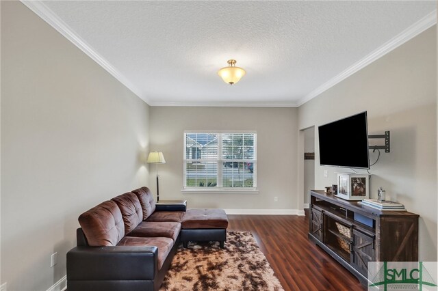 living room with dark wood-type flooring, a textured ceiling, and crown molding