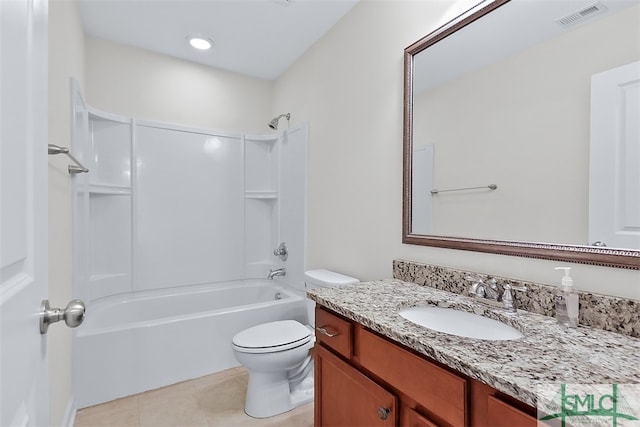 full bathroom with vanity, tile patterned floors, toilet, and shower / bath combination