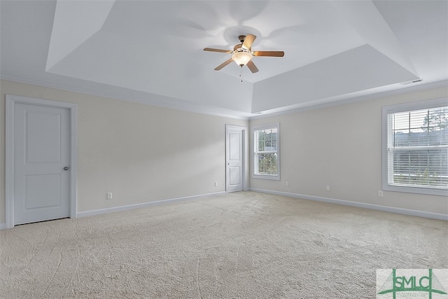 spare room featuring a wealth of natural light, light carpet, ceiling fan, and a raised ceiling