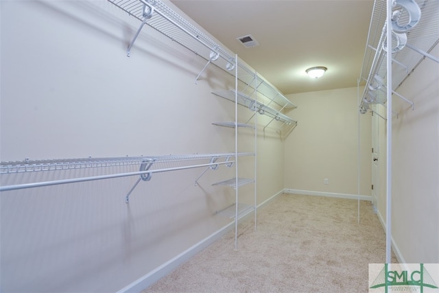 walk in closet featuring light carpet