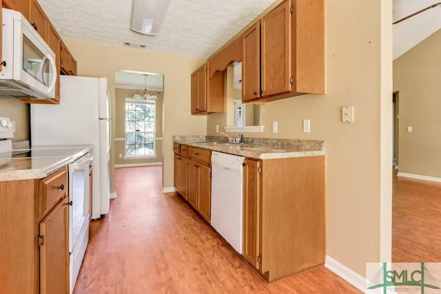 kitchen featuring white appliances, visible vents, light countertops, a textured ceiling, and light wood-type flooring