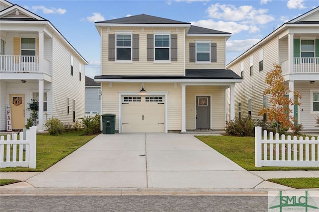 view of front of house featuring a balcony, a garage, and a front lawn