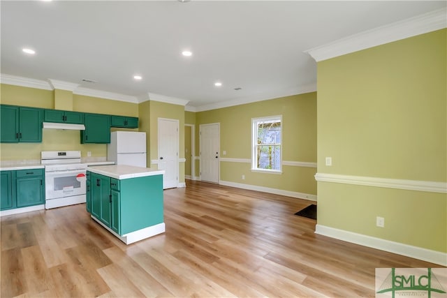 kitchen with a center island, light wood-type flooring, white appliances, and crown molding