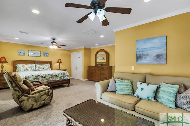 bedroom featuring ornamental molding, carpet, and ceiling fan