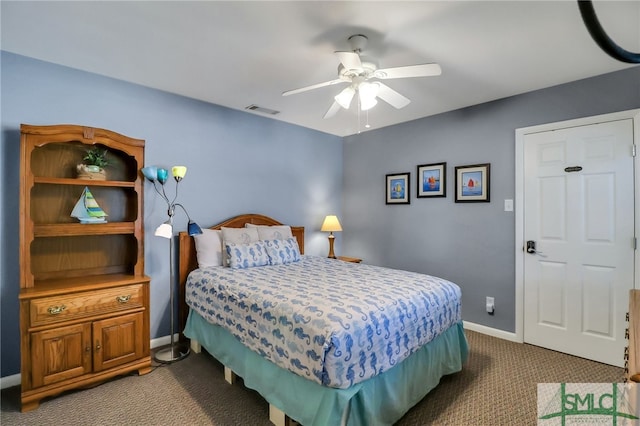 bedroom featuring ceiling fan and carpet floors