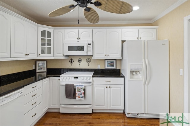 kitchen with white cabinets, white appliances, dark hardwood / wood-style floors, and ceiling fan