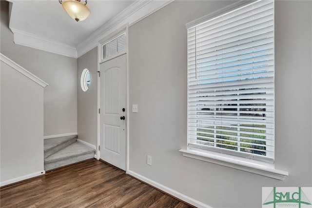 foyer entrance featuring dark hardwood / wood-style floors and crown molding