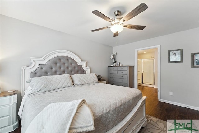 bedroom featuring ceiling fan and dark hardwood / wood-style flooring