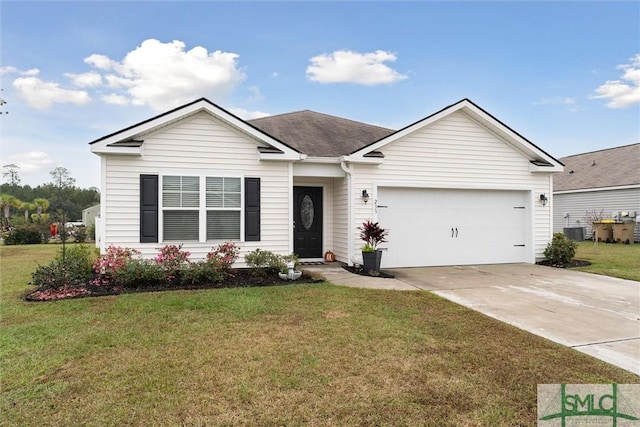 single story home with central AC, a garage, and a front yard