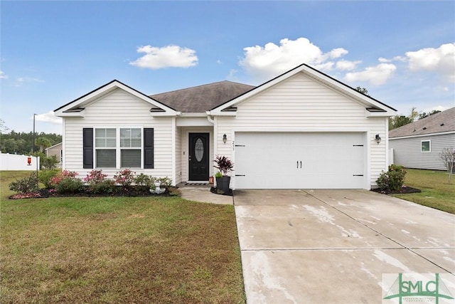 single story home featuring a garage and a front yard