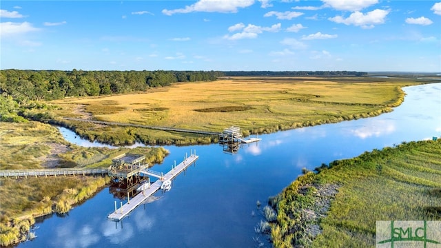 aerial view featuring a rural view and a water view