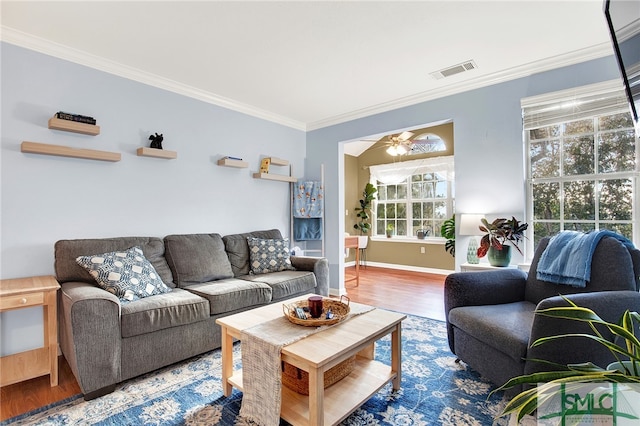 living room with plenty of natural light, wood-type flooring, ceiling fan, and crown molding