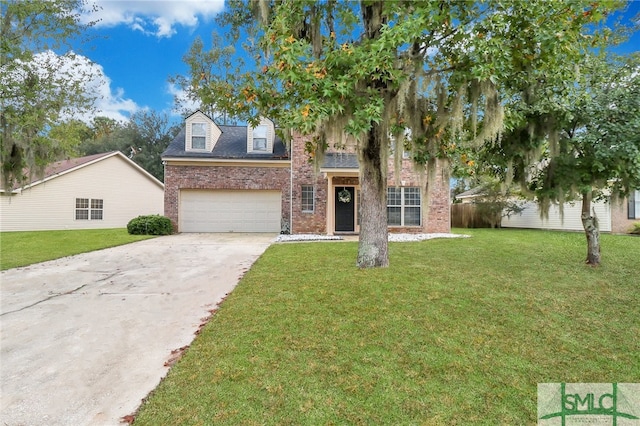 view of front of property with a garage and a front lawn