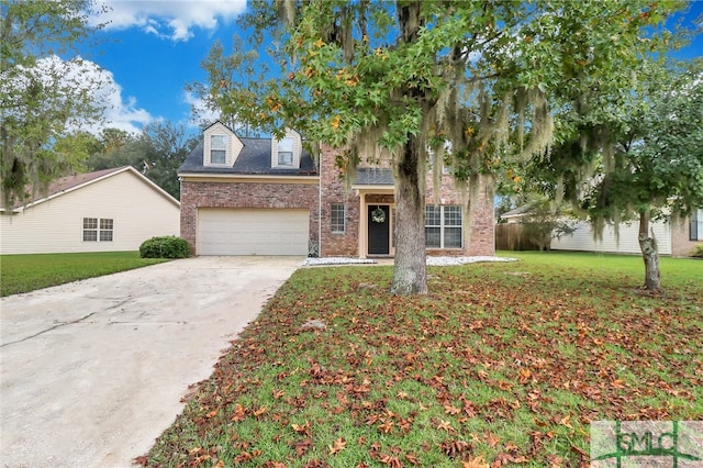 view of front of home with a front lawn and a garage