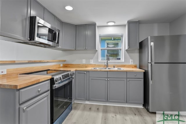 kitchen featuring sink, appliances with stainless steel finishes, wooden counters, gray cabinets, and light wood-type flooring