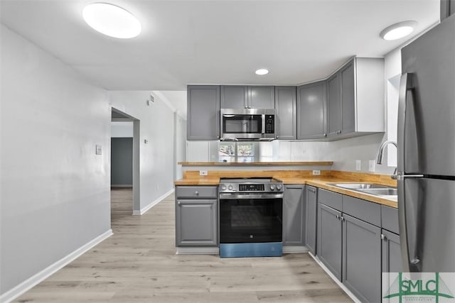 705 W 47th St, Savannah, GA 31405 - kitchen with appliances with stainless steel finishes, gray cabinets, a sink, butcher block countertops, and light wood-style floors