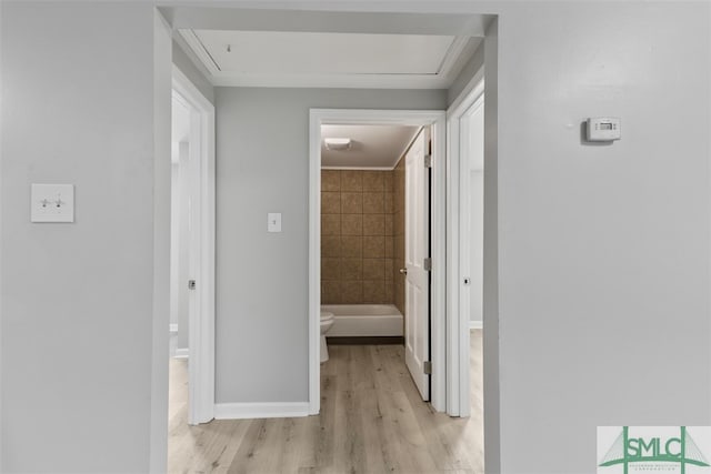 hall featuring light hardwood / wood-style flooring and tile walls