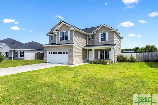 craftsman-style home featuring a garage and a front lawn