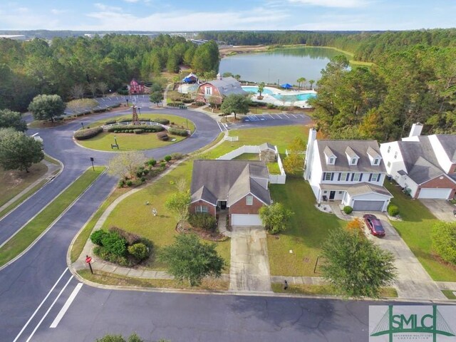 aerial view featuring a water view