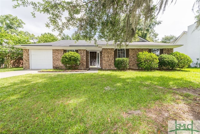 single story home with a front yard and a garage