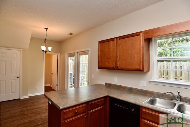 kitchen featuring dishwasher, sink, dark hardwood / wood-style floors, and plenty of natural light