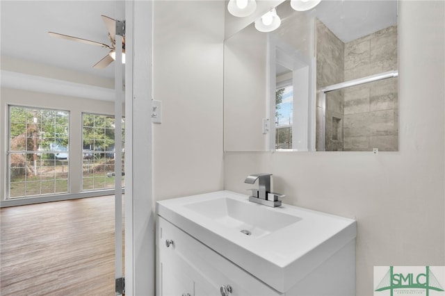 bathroom with hardwood / wood-style flooring, a shower with shower door, and vanity