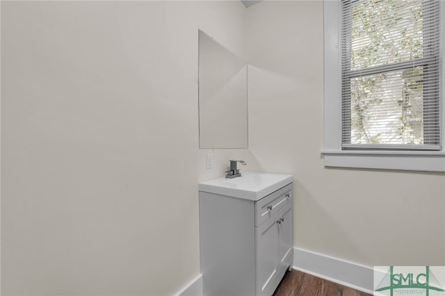 bathroom featuring vanity and wood-type flooring