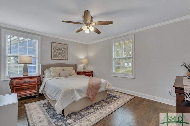 bedroom with ceiling fan, dark hardwood / wood-style flooring, and ornamental molding