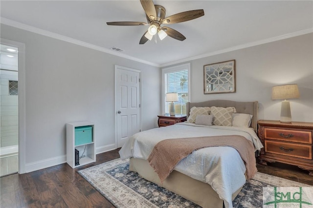 bedroom with ceiling fan, crown molding, and dark wood-type flooring