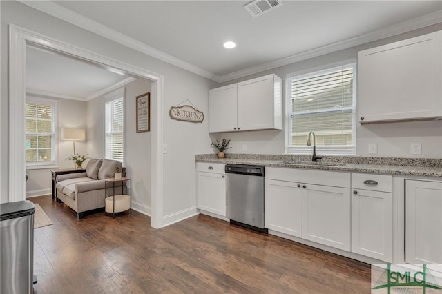 kitchen with dishwasher, white cabinets, sink, dark hardwood / wood-style floors, and ornamental molding