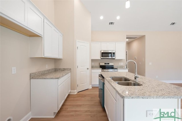 kitchen featuring stainless steel appliances, a sink, visible vents, and white cabinetry