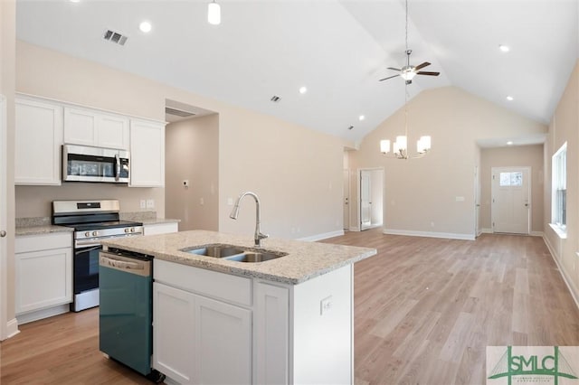 kitchen with a center island with sink, stainless steel appliances, visible vents, white cabinetry, and a sink