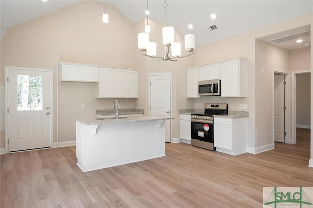 kitchen featuring appliances with stainless steel finishes, white cabinets, a sink, and light wood finished floors