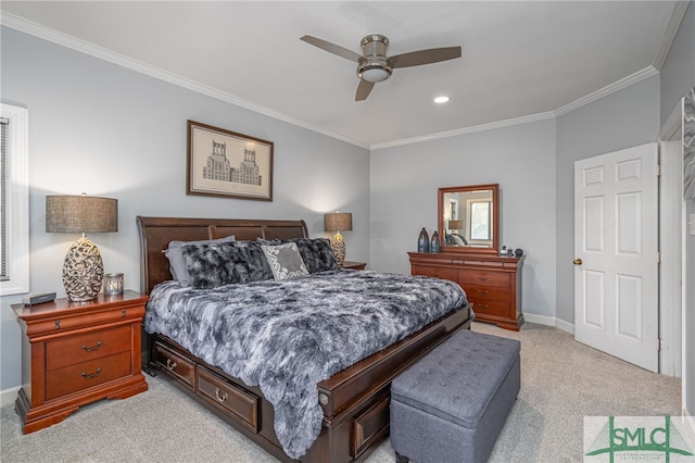 bedroom featuring ceiling fan, light carpet, and crown molding