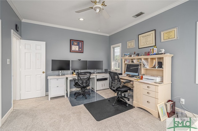 office area featuring ceiling fan, light colored carpet, and crown molding