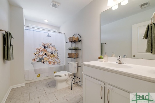 full bathroom with tile patterned flooring, vanity, shower / tub combo, and toilet