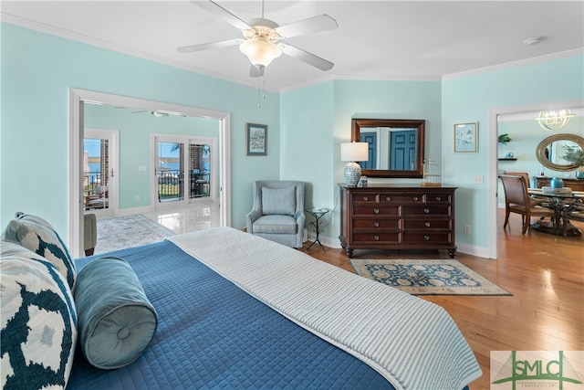 bedroom featuring access to exterior, ceiling fan, ornamental molding, and light wood-type flooring