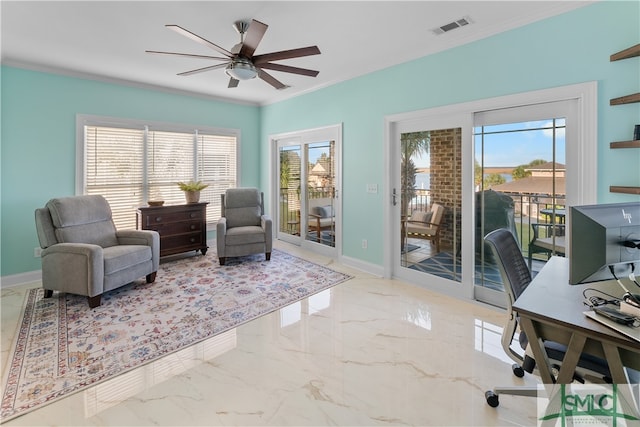 office with plenty of natural light, crown molding, and ceiling fan